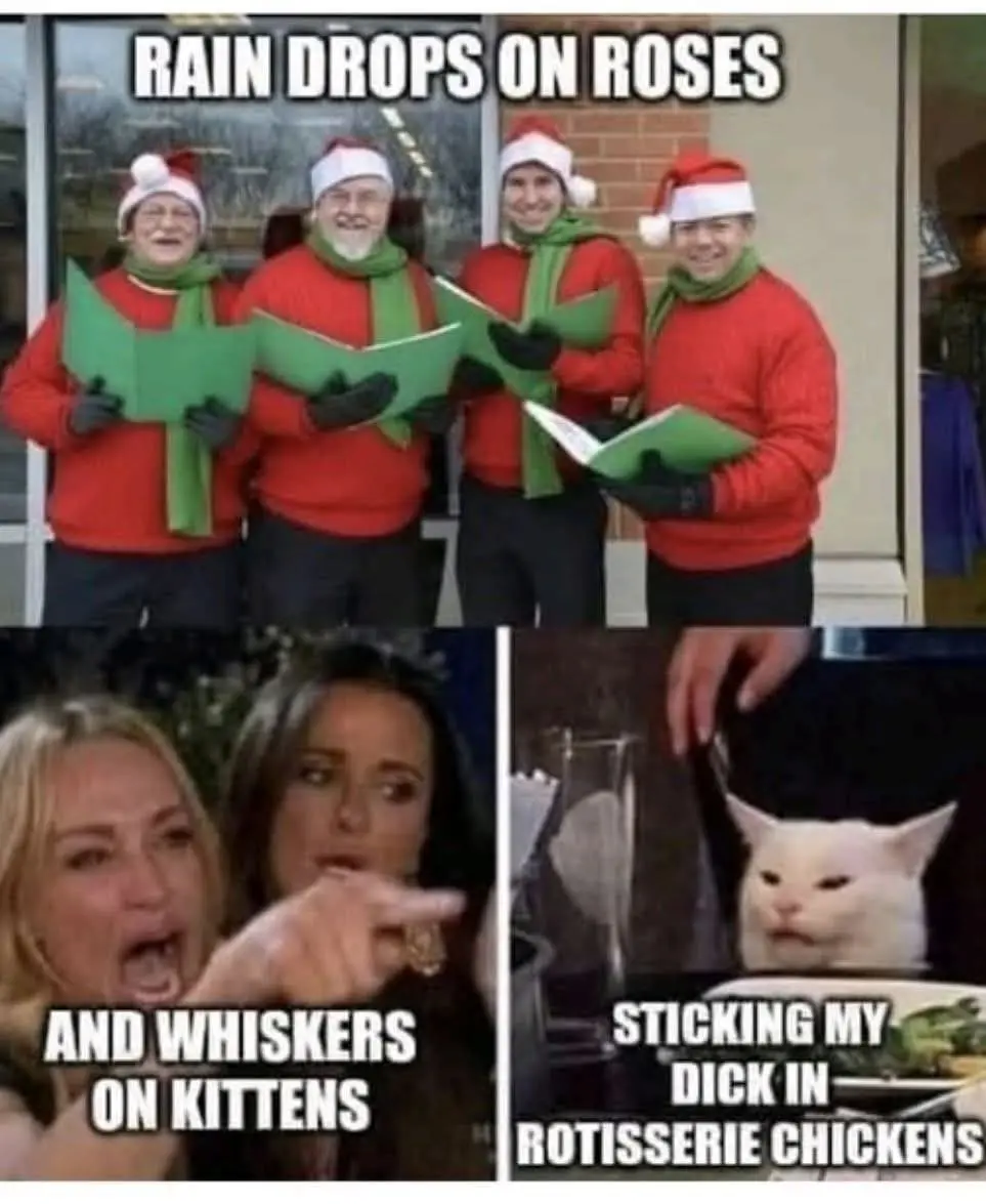 The image is a three-panel meme. The top panel shows four men in red sweaters and Santa hats singing from green songbooks…