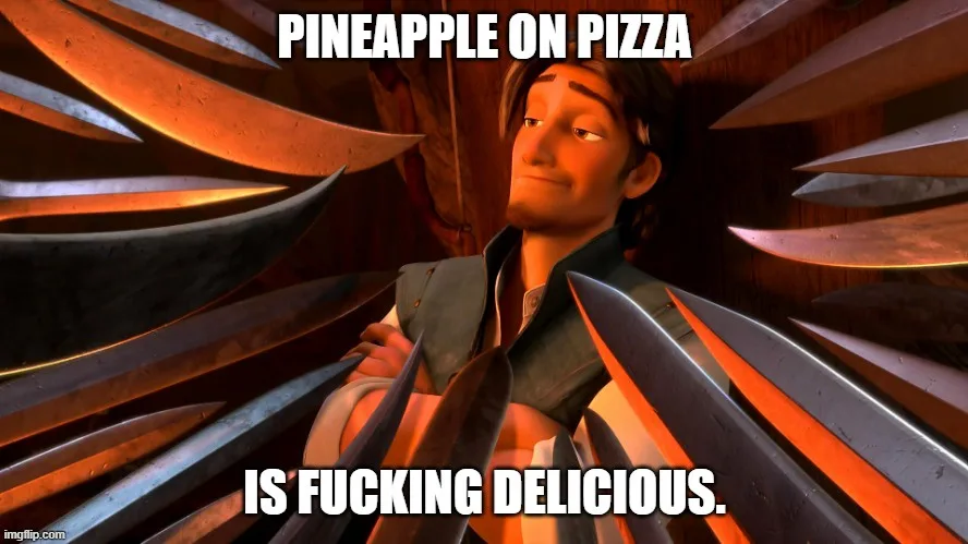 An animated character with a smug, confident expression stands surrounded by numerous knives pointing inward. The text…
