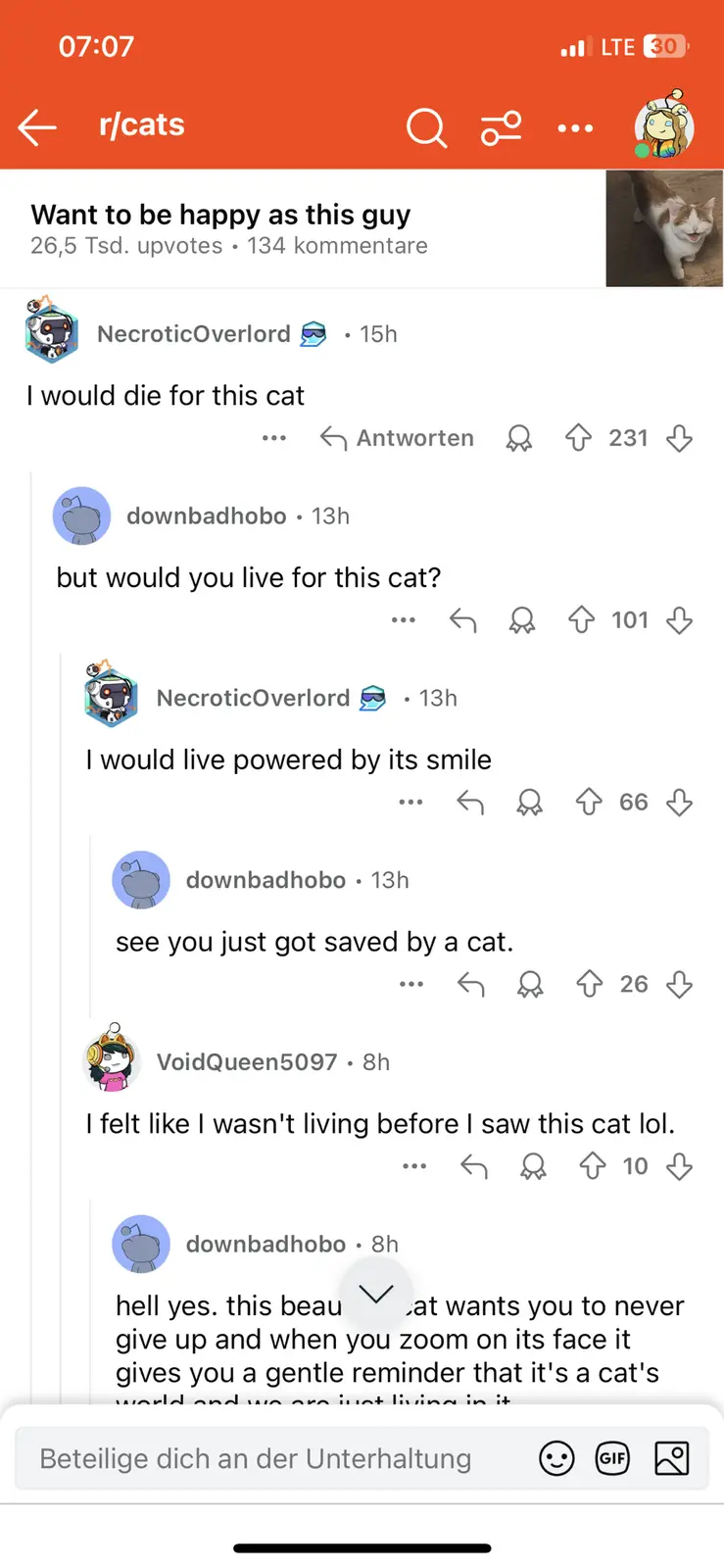 A screenshot of a Reddit thread in the r/cats subreddit shows a comment by user NecroticOverlord stating 'I would die for…