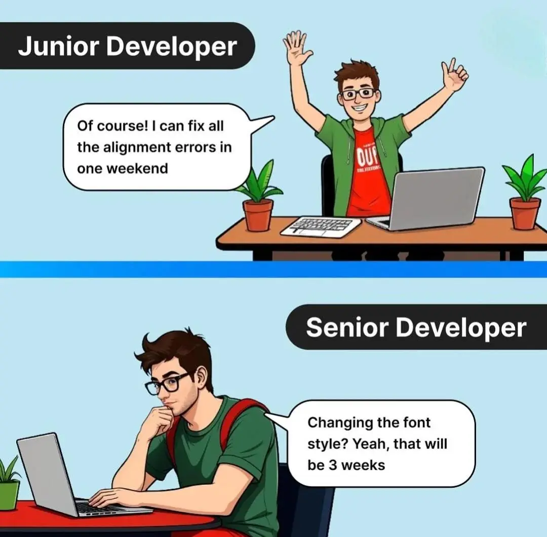 The image is split into two panels. The top panel shows a cheerful 'Junior Developer' with arms raised, confidently saying…