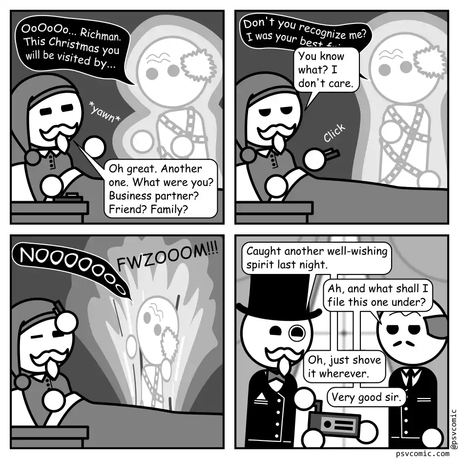 A four-panel black-and-white comic shows a bored man at a desk receiving ghostly Christmas spirit reports. A ghostly figure…