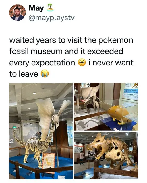 A collage of three photos from a museum displaying large, realistic skeletal models of Pokémon creatures like Lapras…
