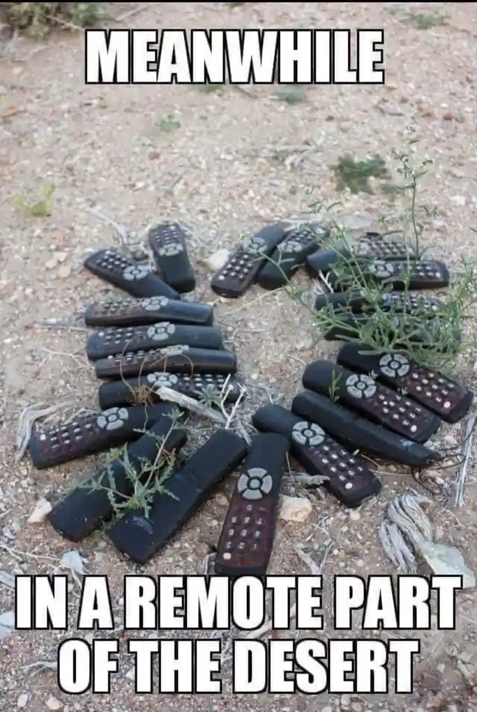 An image shows numerous black TV remote controls scattered across dry, sandy desert ground with sparse vegetation. The text…