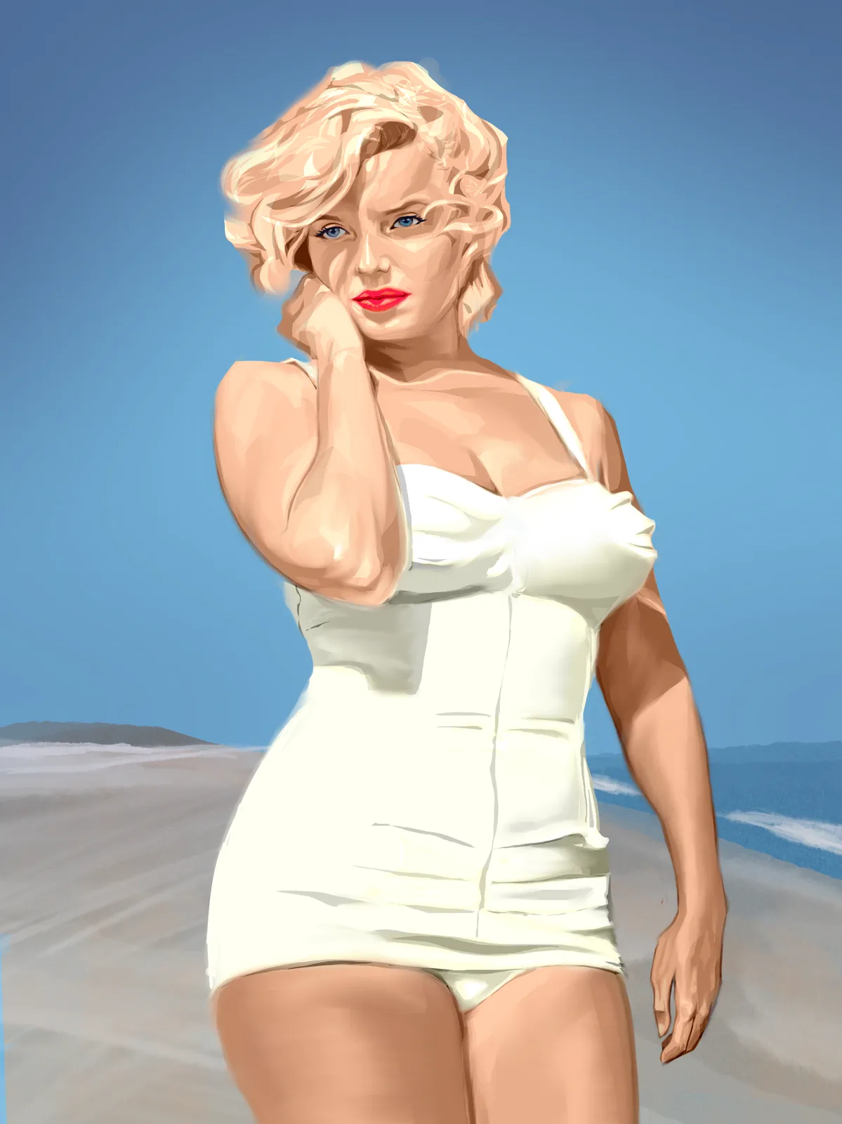 A stylized digital illustration of Marilyn Monroe standing on a beach in a white dress, looking directly at the viewer with…