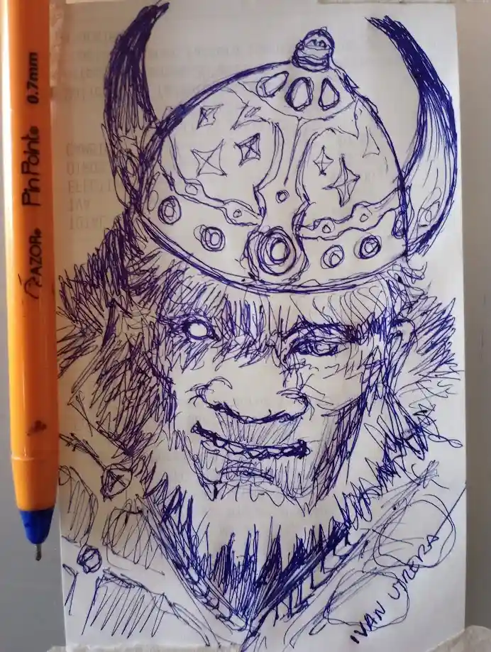 A hand-drawn sketch in blue ink depicts a fierce-looking viking with a detailed helmet adorned with star and circle patterns…