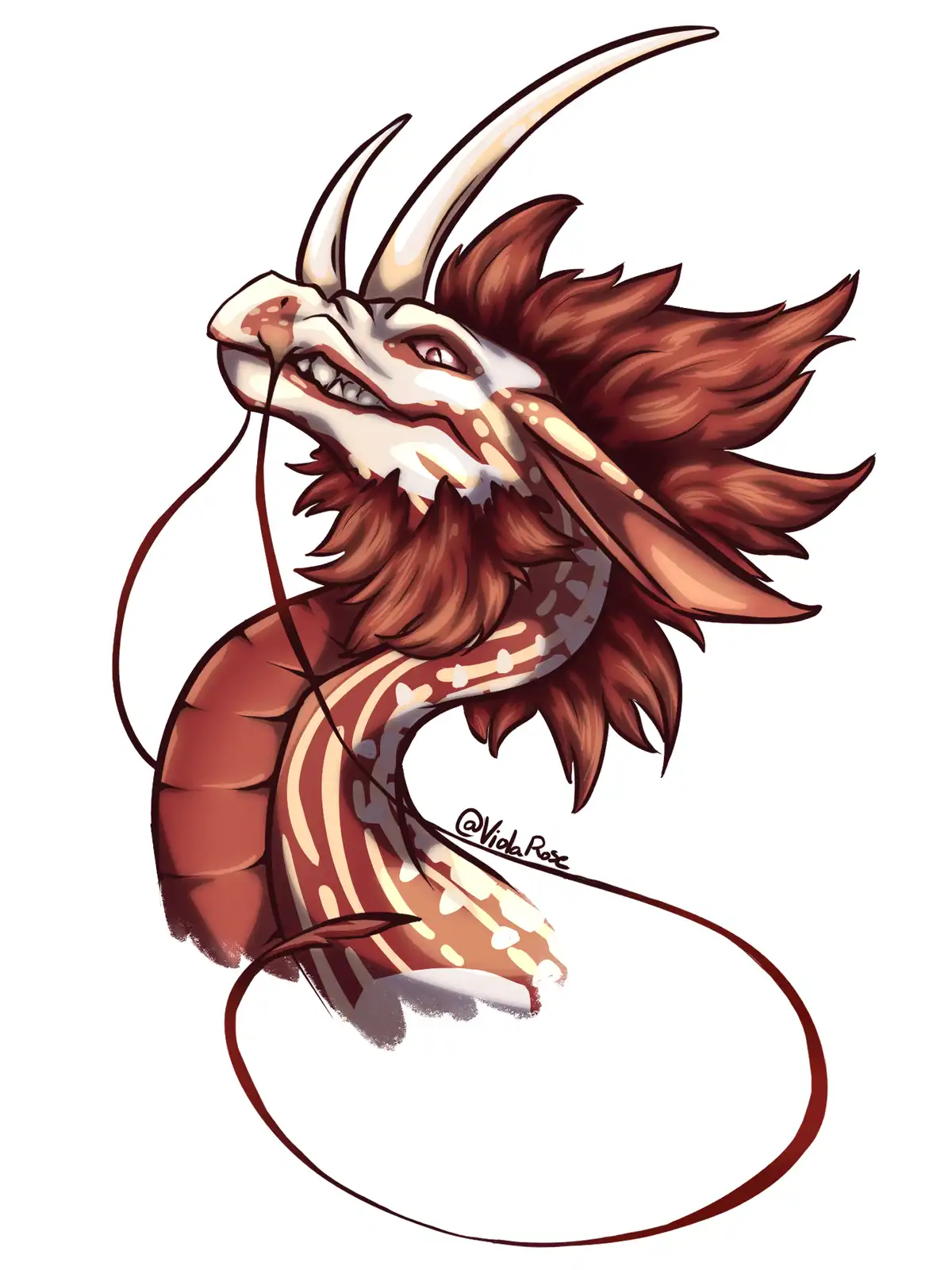 A cartoonish, reddish-brown dragon with white horns and a spiky mane is depicted with a shrimp-like body, including…