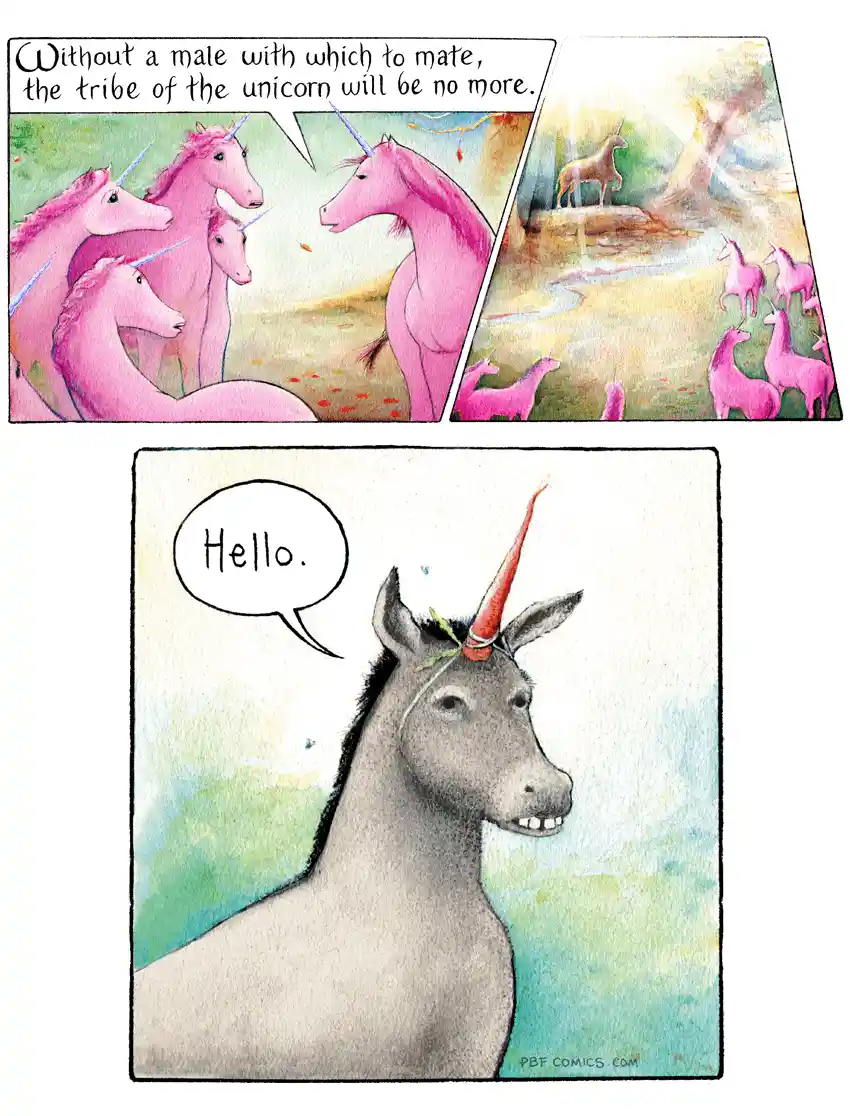 A comic strip shows pink unicorns in distress, worried about extinction due to lack of males, while the final panel reveals…