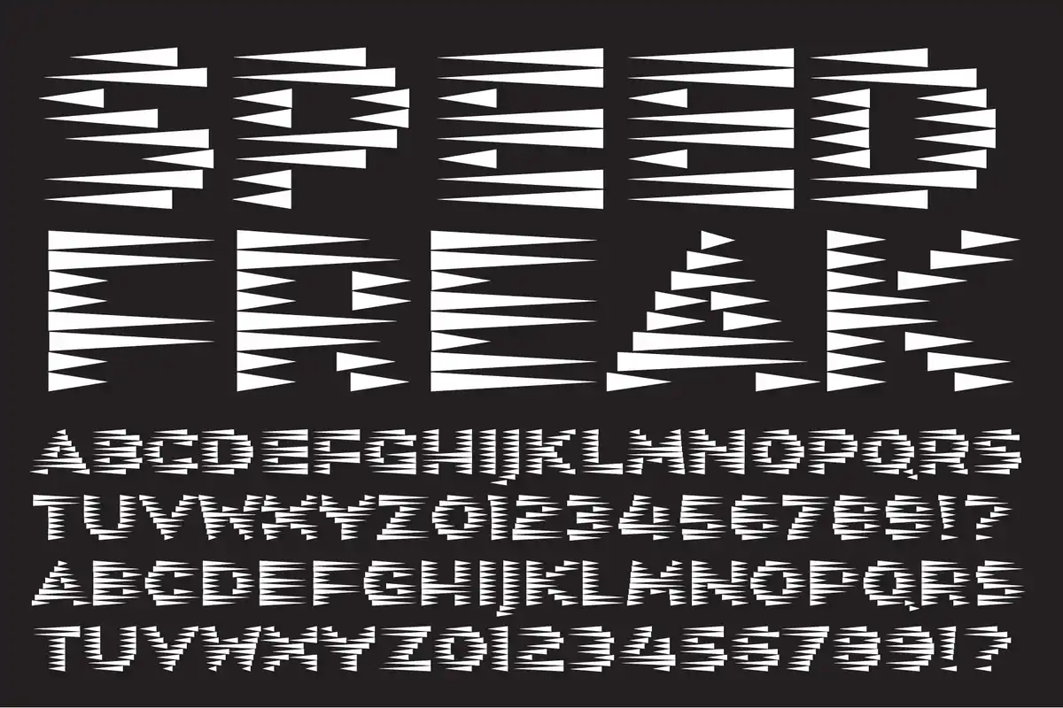 A black background displays a stylized font made of white, jagged, triangular shapes, showing uppercase and lowercase…