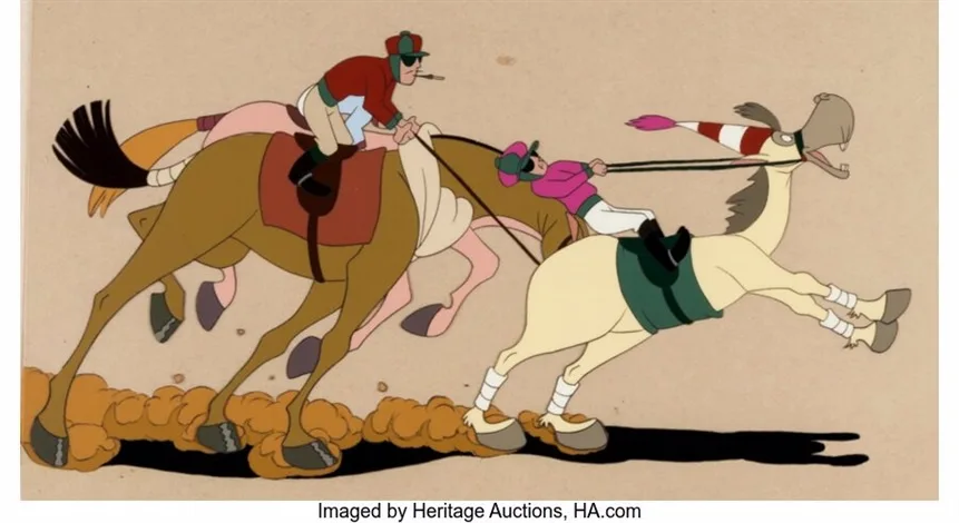 A vintage cartoon animation frame shows two jockeys racing horses, one brown and one cream-colored, kicking up dust as they…