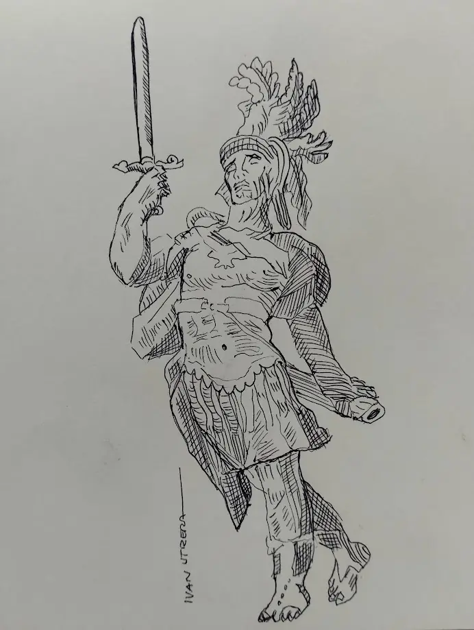 A black-and-white sketch depicts a muscular, bare-chested warrior in ancient-style armor and a feathered headdress, holding…
