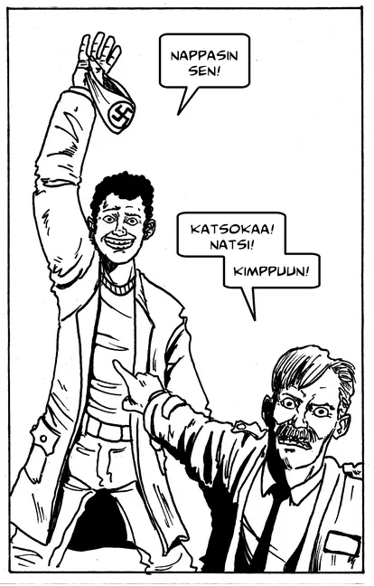A black-and-white comic panel shows a man in a coat raising his hand, which has a swastika armband, while another man with a…