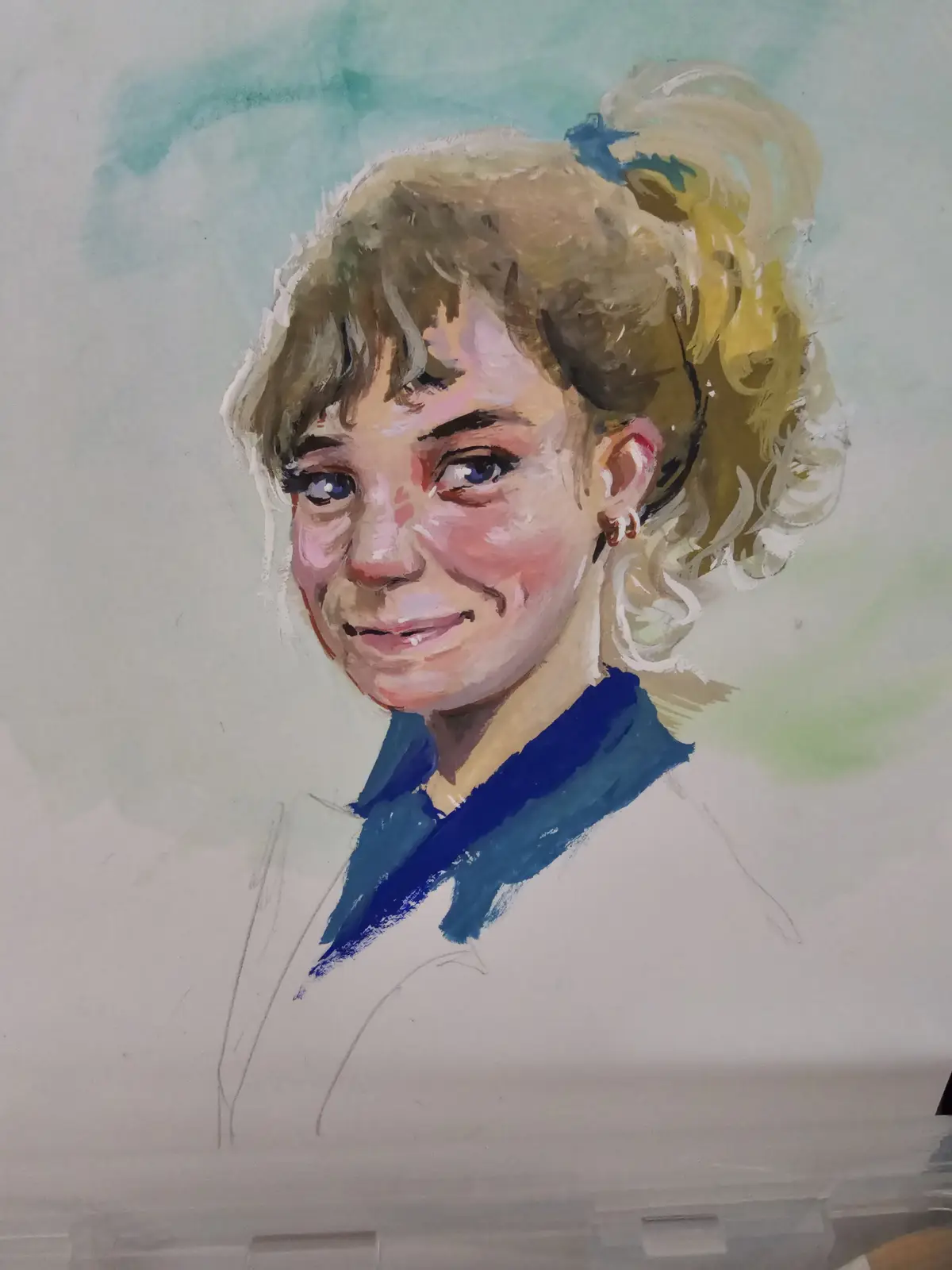 A watercolor portrait of a young woman with blonde hair in a messy bun, blue eyes, and a faint smile, wearing a blue…