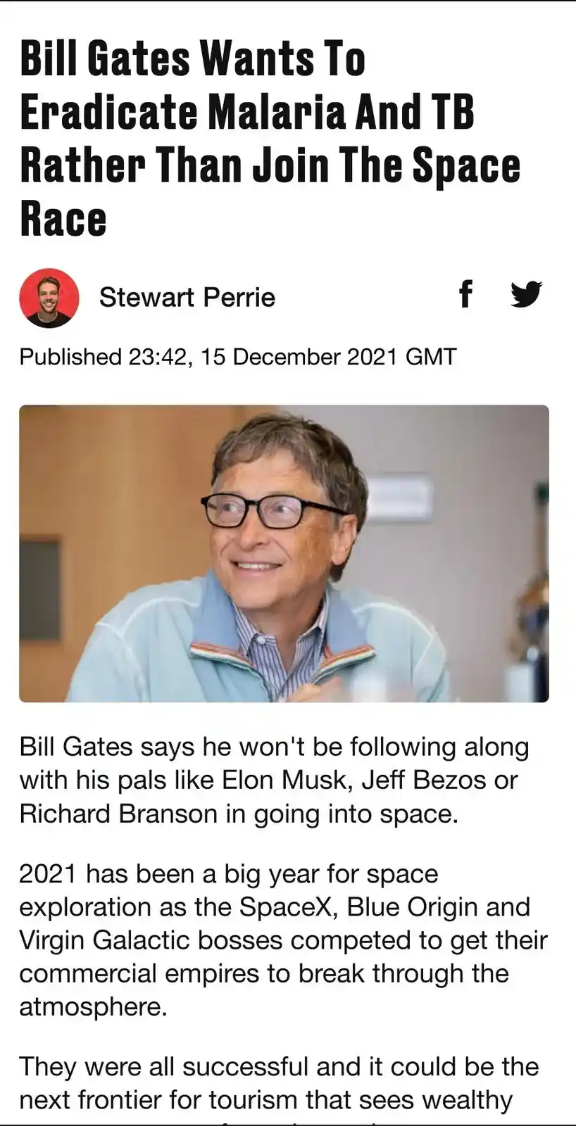 The image shows a screenshot of a news article with a photo of Bill Gates smiling. The headline reads 'Bill Gates Wants To…