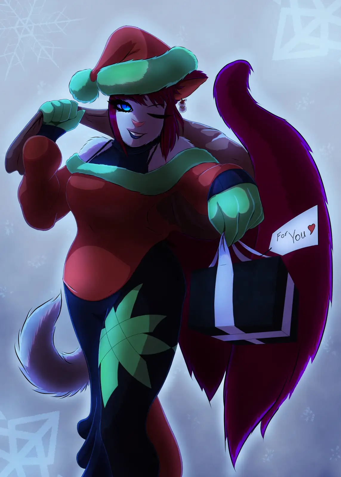 An anime-style anthropomorphic character with purple fur, blue eyes, and a Santa hat is holding a black gift box with a…