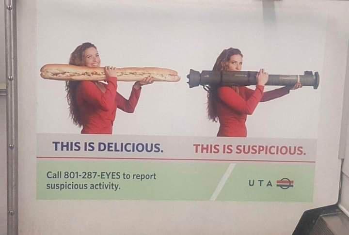 An advertisement featuring the same woman in a red shirt holding a long sandwich on the left and a large black pipe bomb on…