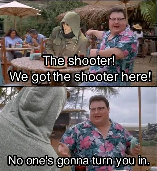Two-panel meme from the movie 'The Hangover'. Top panel shows a man in a floral shirt pointing excitedly at a hooded person…