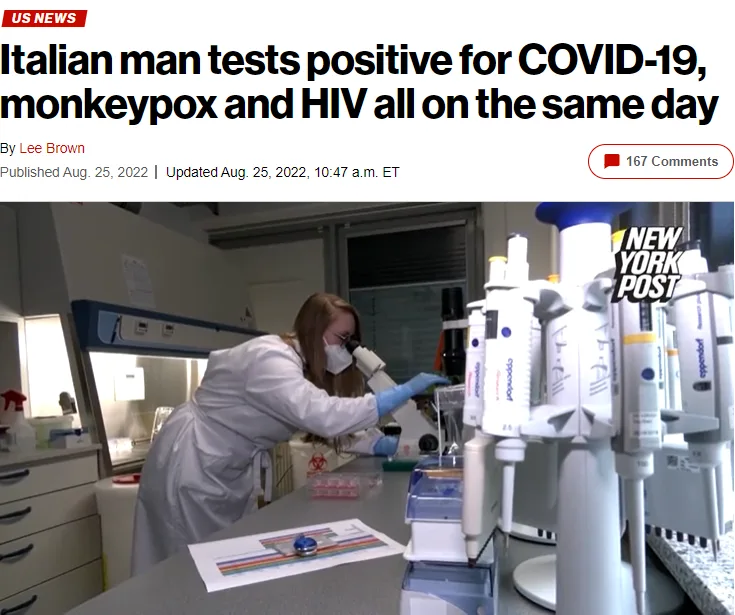 A screenshot of a New York Post news article with the headline 'Italian man tests positive for COVID-19, monkeypox and HIV…