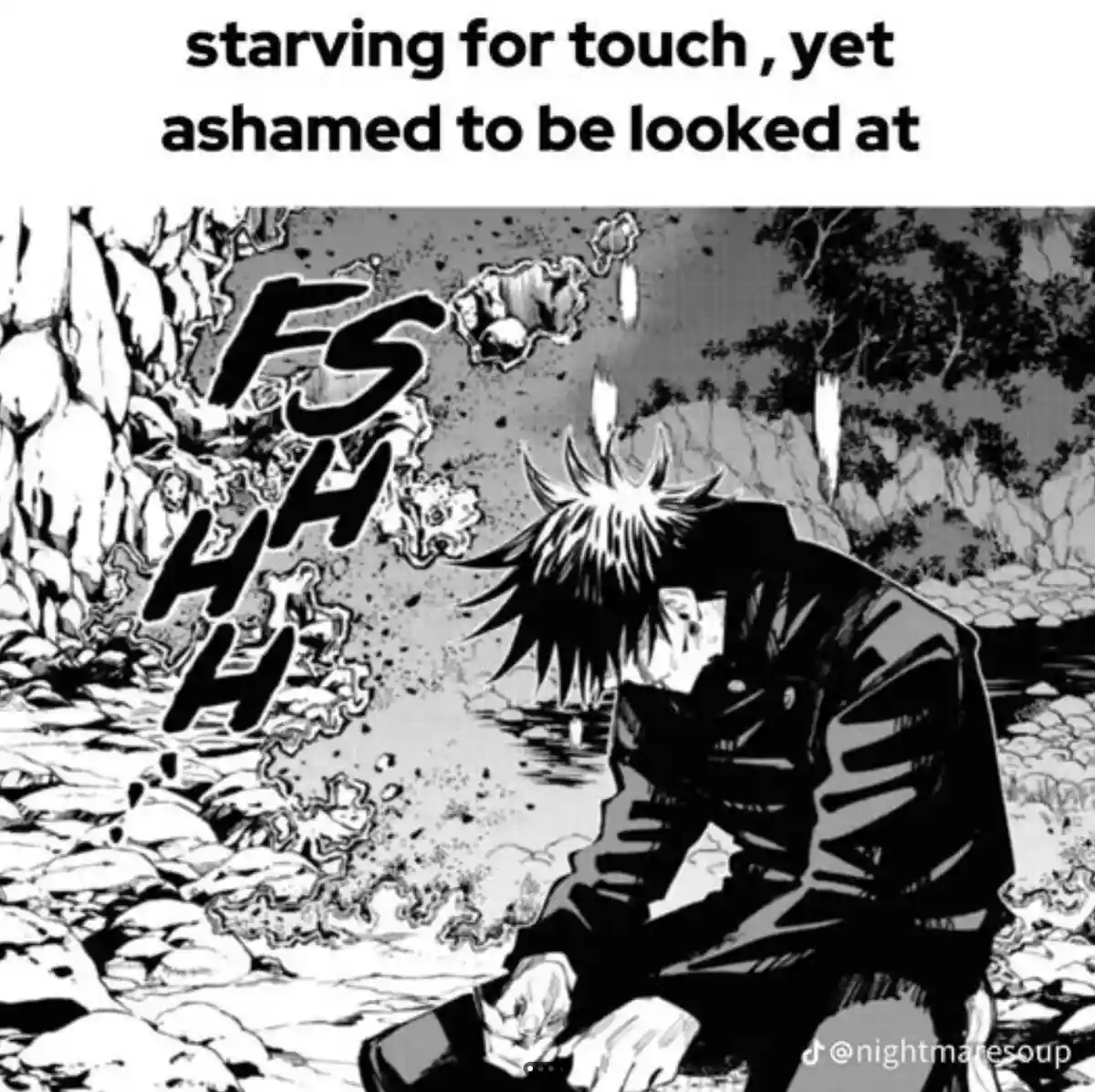 A black-and-white manga panel shows a spiky-haired character in a dark jacket crouching near water, looking down with a…