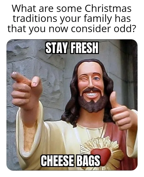 A statue of Jesus Christ with a cheerful, slightly goofy expression, giving a thumbs-up with one hand while pointing forward…