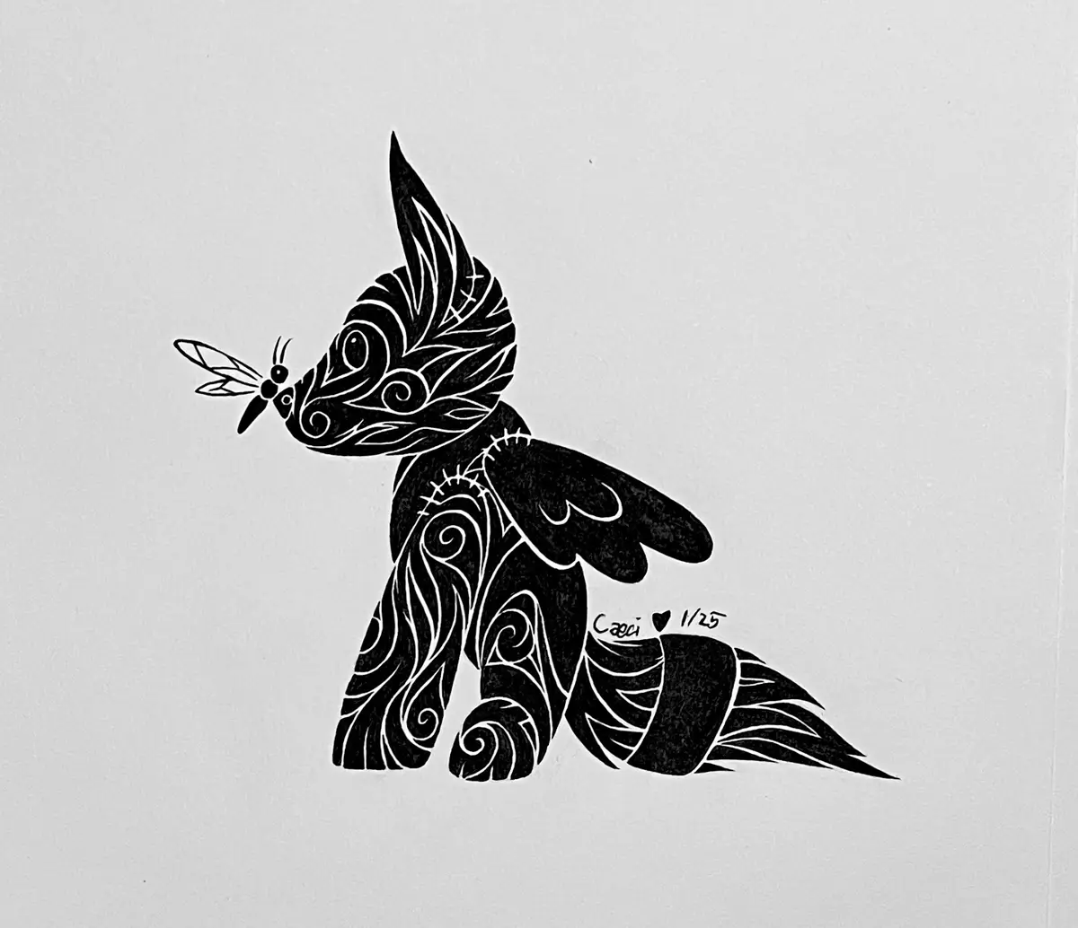 A black and white stylized drawing of a fox-like creature with intricate swirling patterns, sitting and holding a small…