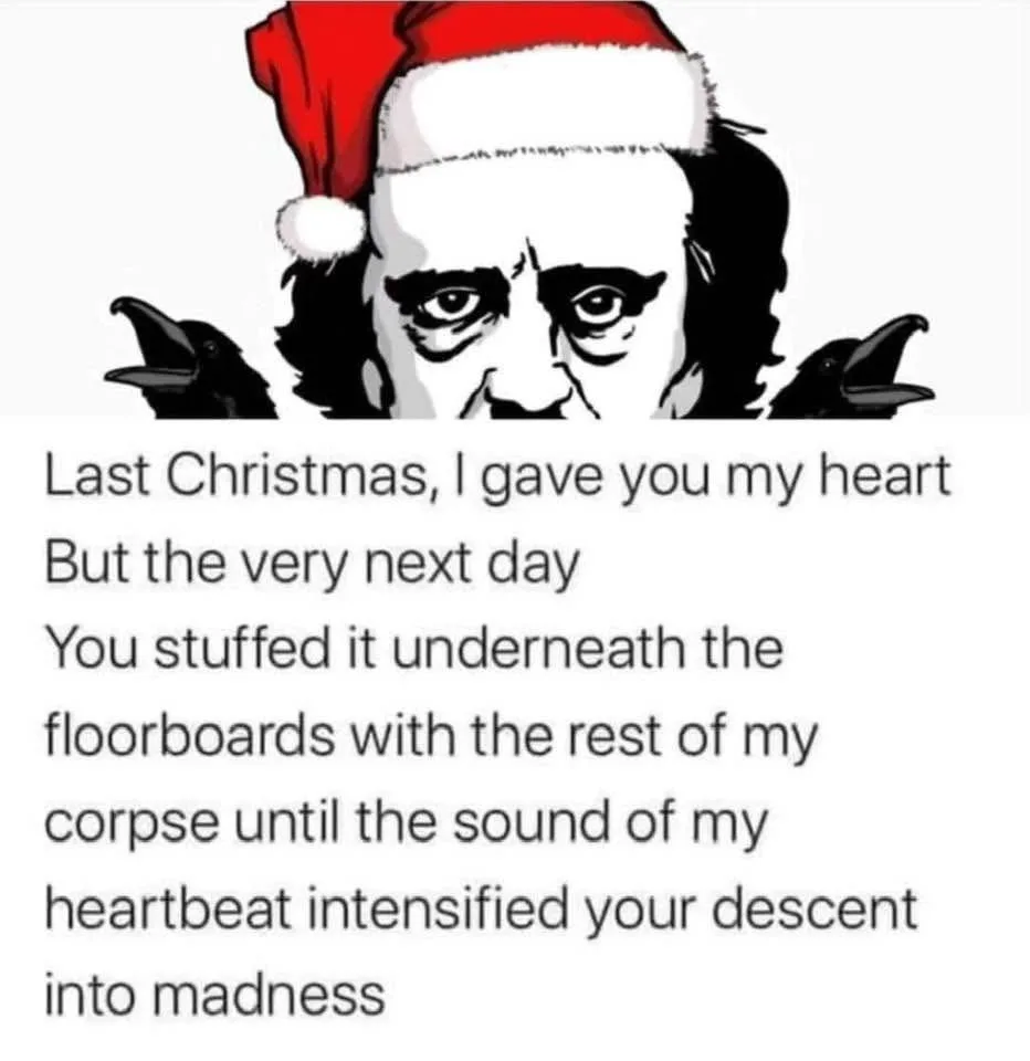 A black-and-white illustration of a man with a Santa hat and two ravens on either side, overlaid with text that reads: 'Last…