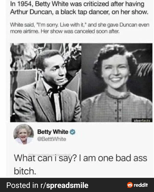 A black-and-white photo shows Arthur Duncan and Betty White side by side. Above them, text describes how Betty White faced…