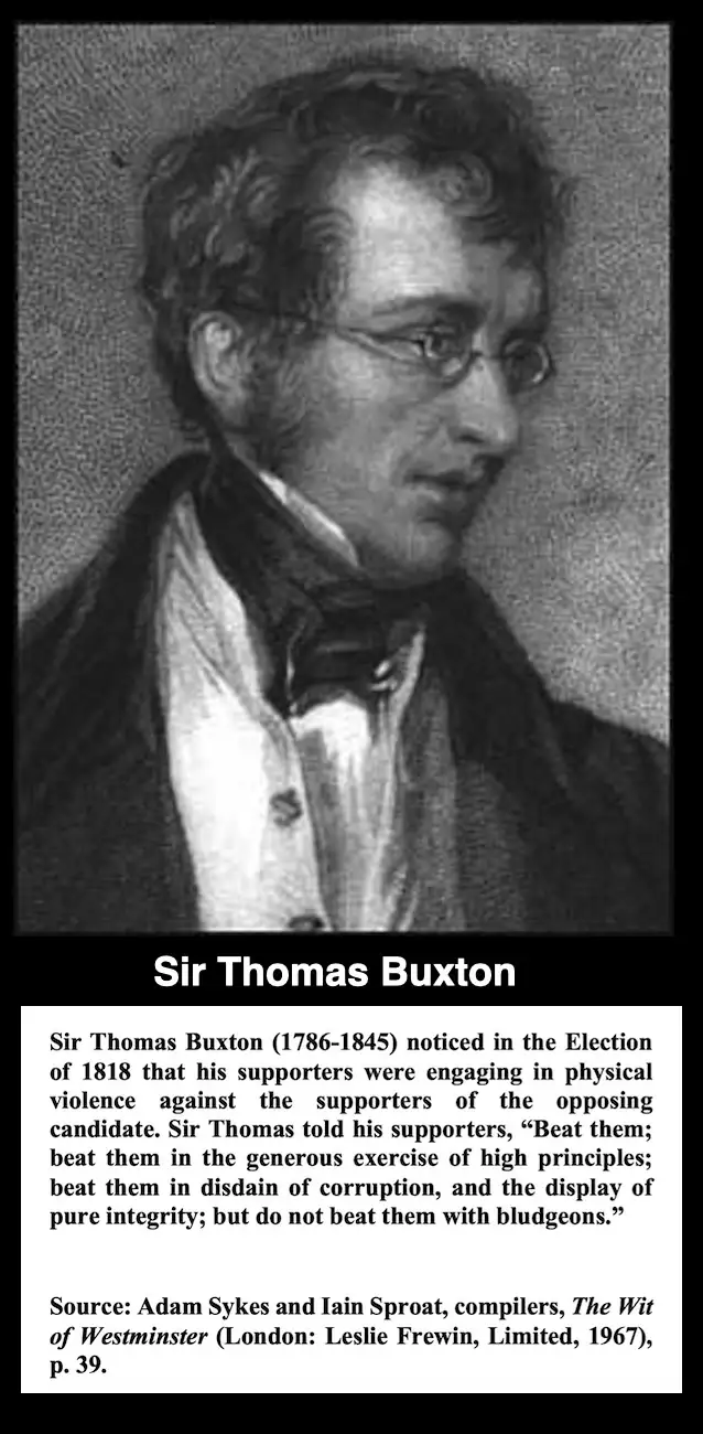 A black-and-white portrait of Sir Thomas Buxton, a man with glasses and period attire, is overlaid with text describing his…