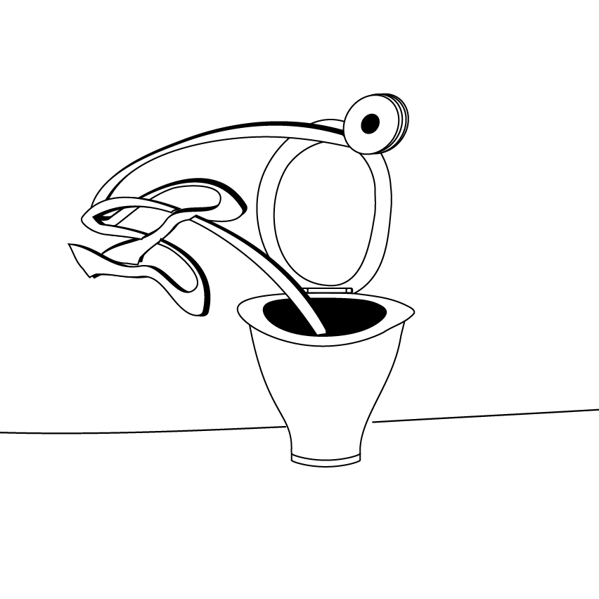 A black-and-white line drawing shows a toilet with its lid open, and a single, large, cartoonish eye peering out from behind…