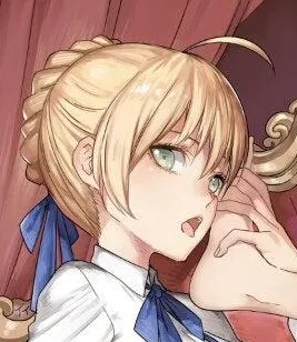 An anime-style illustration of a young woman with blonde hair in a braid and blue ribbon, wearing a white collared shirt…