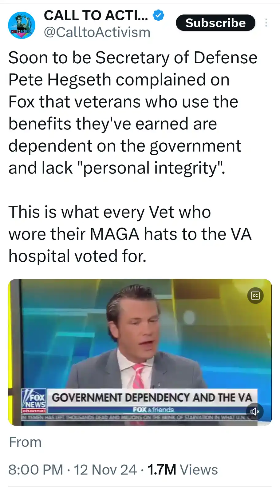 A screenshot of a Fox News segment featuring Pete Hegseth speaking on a topic labeled 'GOVERNMENT DEPENDENCY AND THE VA'…