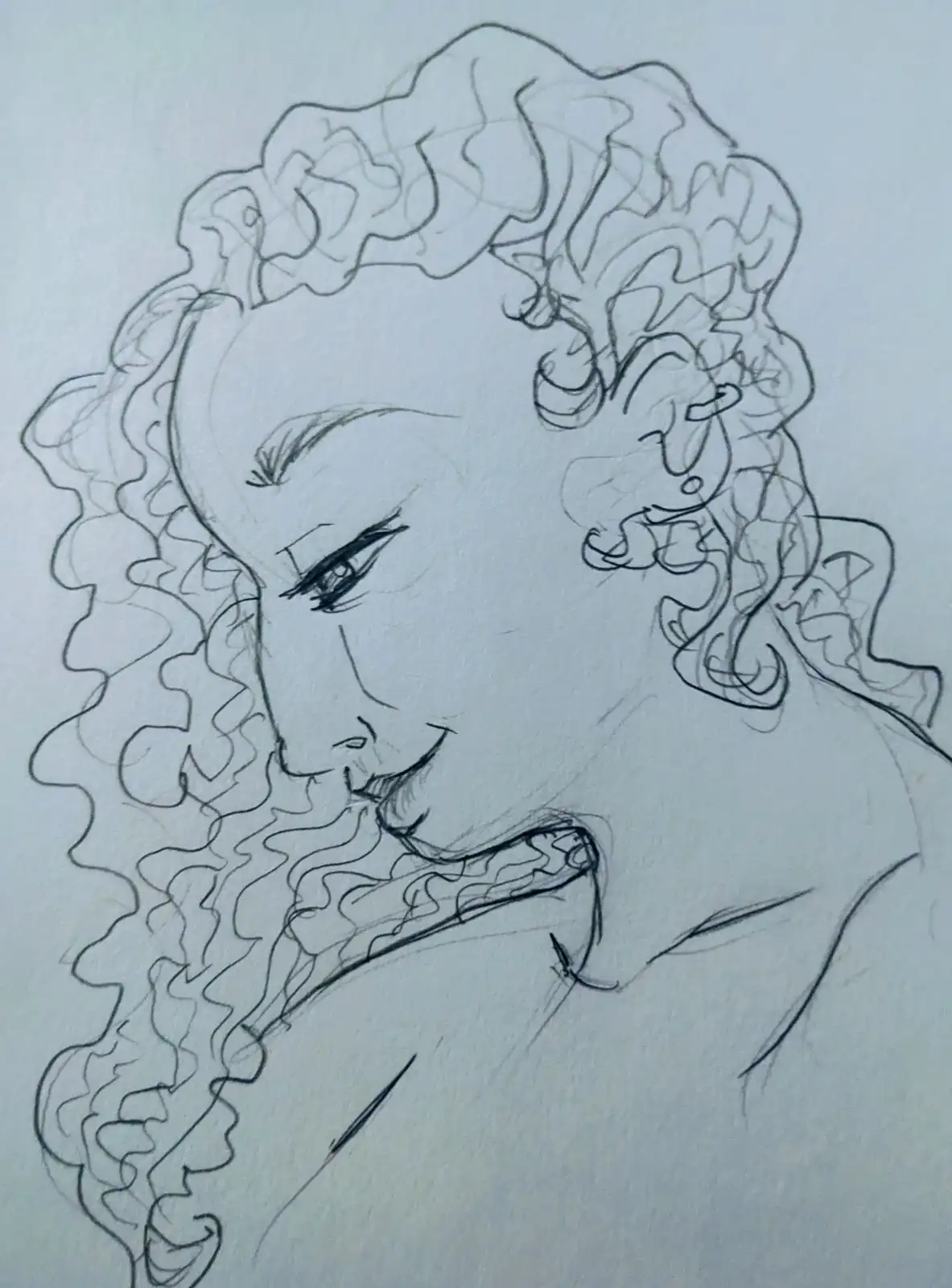 A pencil sketch of a person with curly hair, looking down with a thoughtful expression, overlaid with the text 'i'm not…