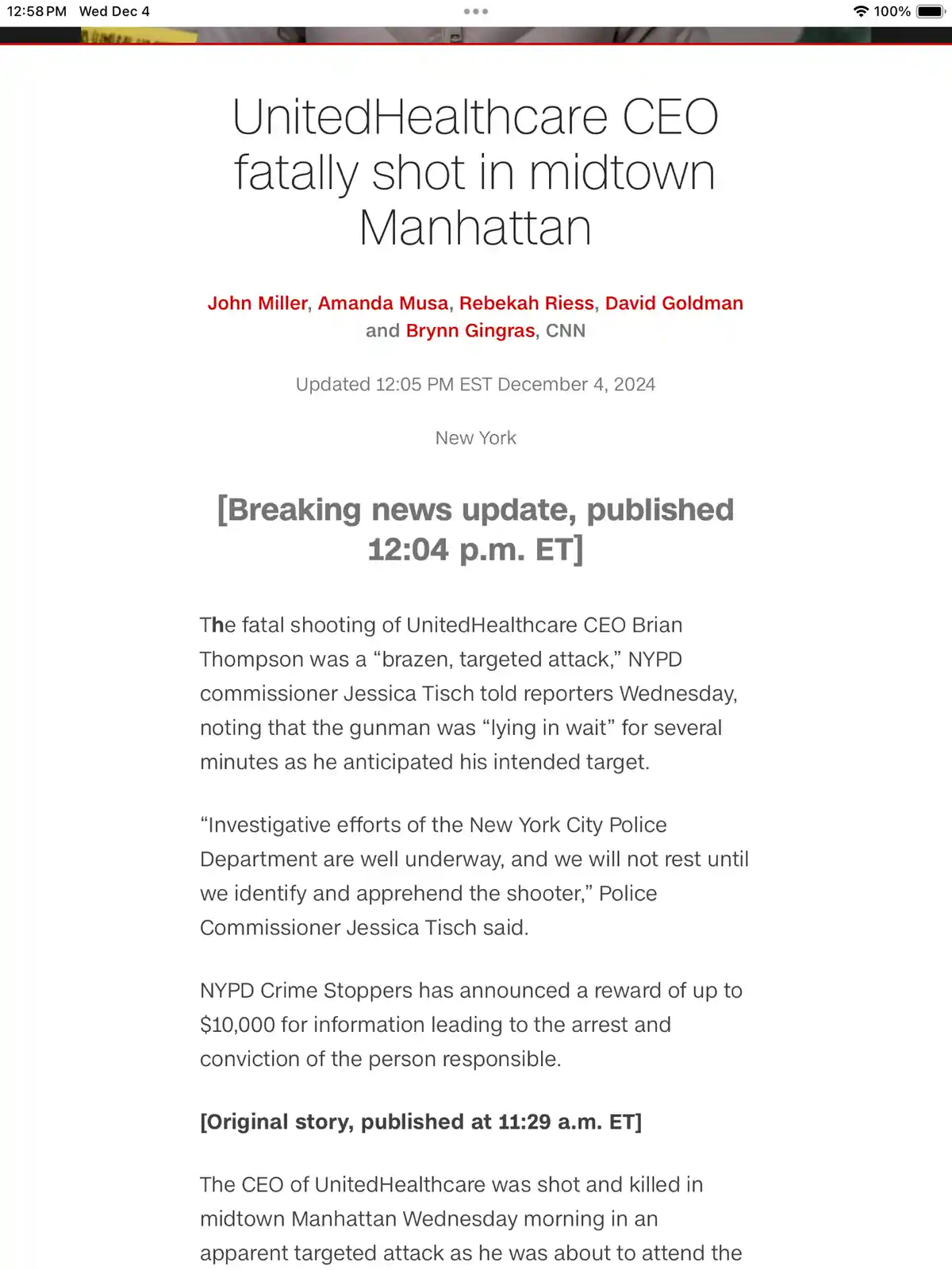 A screenshot of a CNN news article from December 4, 2024, with a headline stating 'UnitedHealthcare CEO fatally shot in…