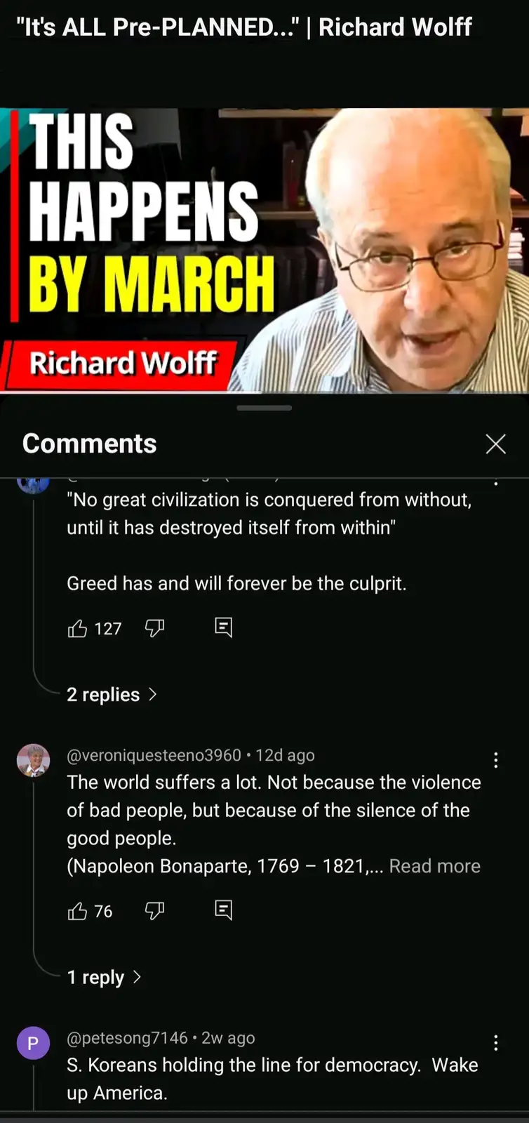 A screenshot of a social media video featuring Richard Wolff with the text 'THIS HAPPENS BY MARCH' overlaid. Below is a…