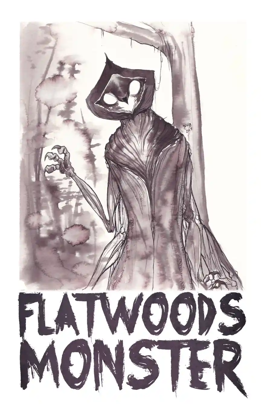 A watercolor illustration depicts a tall, slender, hooded monster with a square face and glowing white eyes, standing in a…