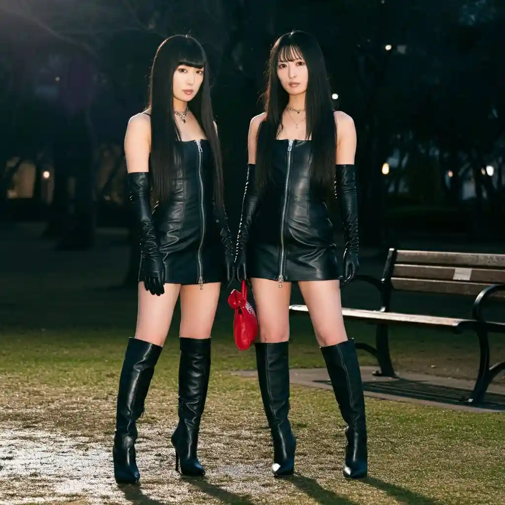 Two women in matching black leather outfits with long gloves and thigh-high boots stand side by side in a park at night, one…