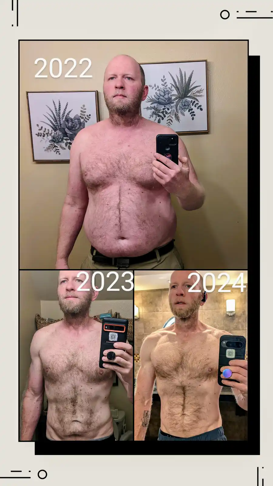 A three-panel before-and-after photo shows a shirtless man's body transformation from 2022 to 2024. The top panel labeled…