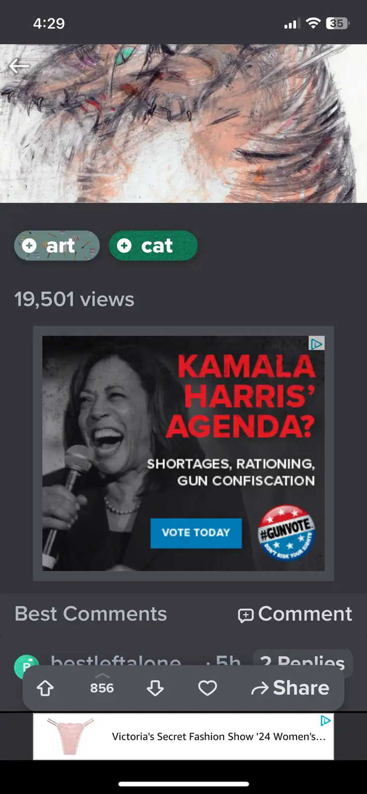 A screenshot of a social media post showing a political advertisement featuring Kamala Harris laughing while holding a…