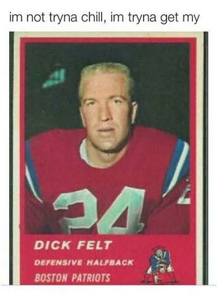A vintage-style football trading card of Dick Felt, a defensive halfback for the Boston Patriots, wearing a red jersey with…