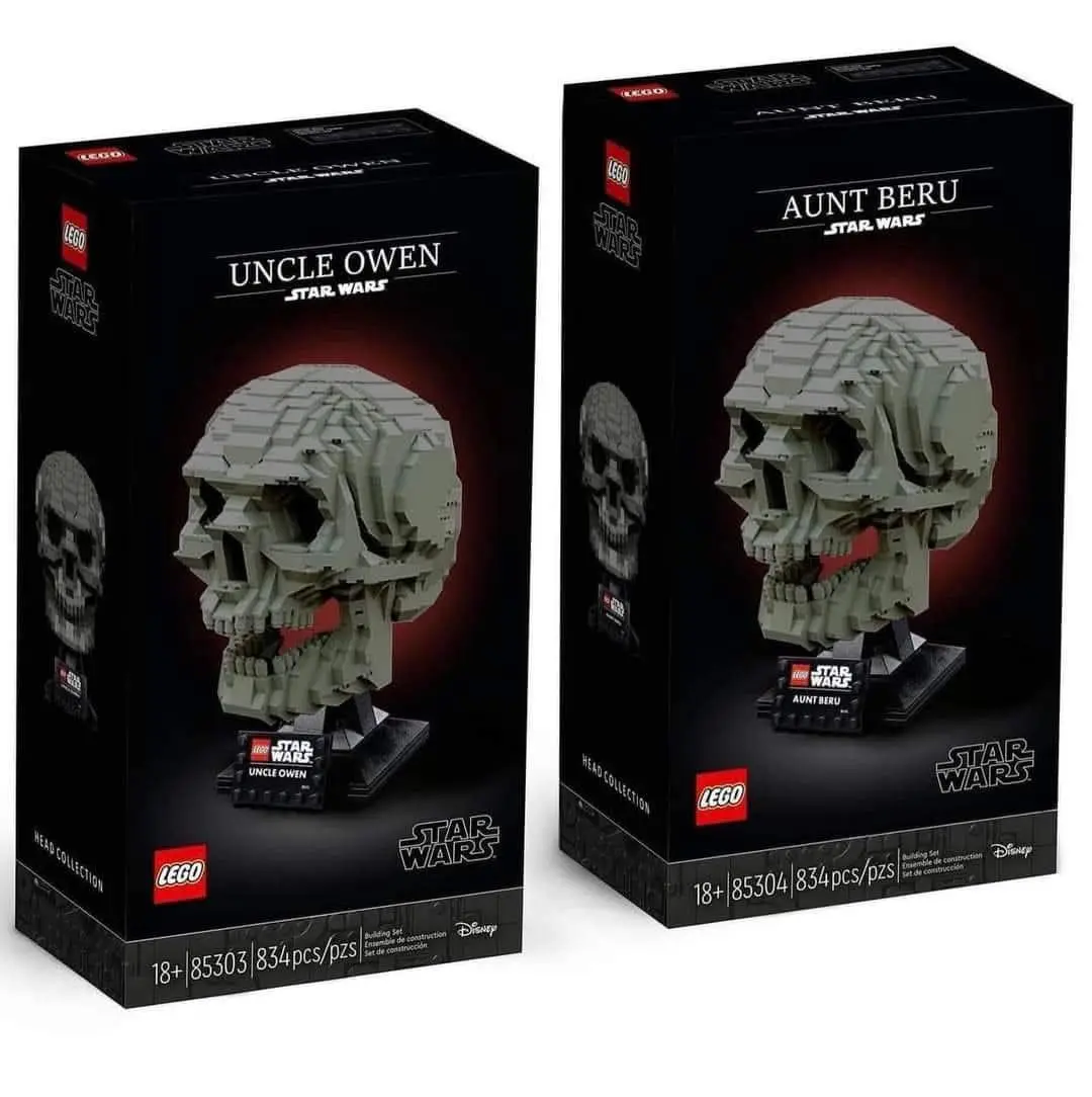 Two LEGO Star Wars head collection boxes side-by-side, each featuring a gray LEGO skull model. The left box is labeled…
