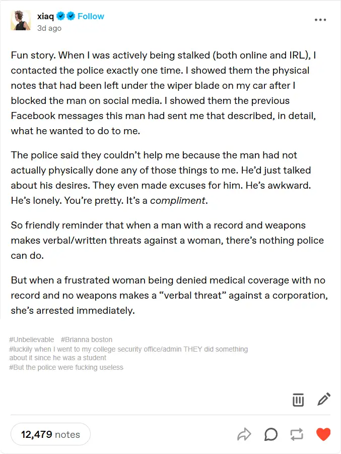 A screenshot of a social media post by user 'xiaq' detailing their experience with police response to stalking. The post…
