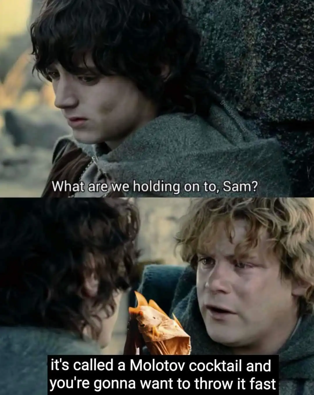 The meme features two panels from 'The Lord of the Rings'. In the top panel, Frodo Baggins looks downcast while holding a…