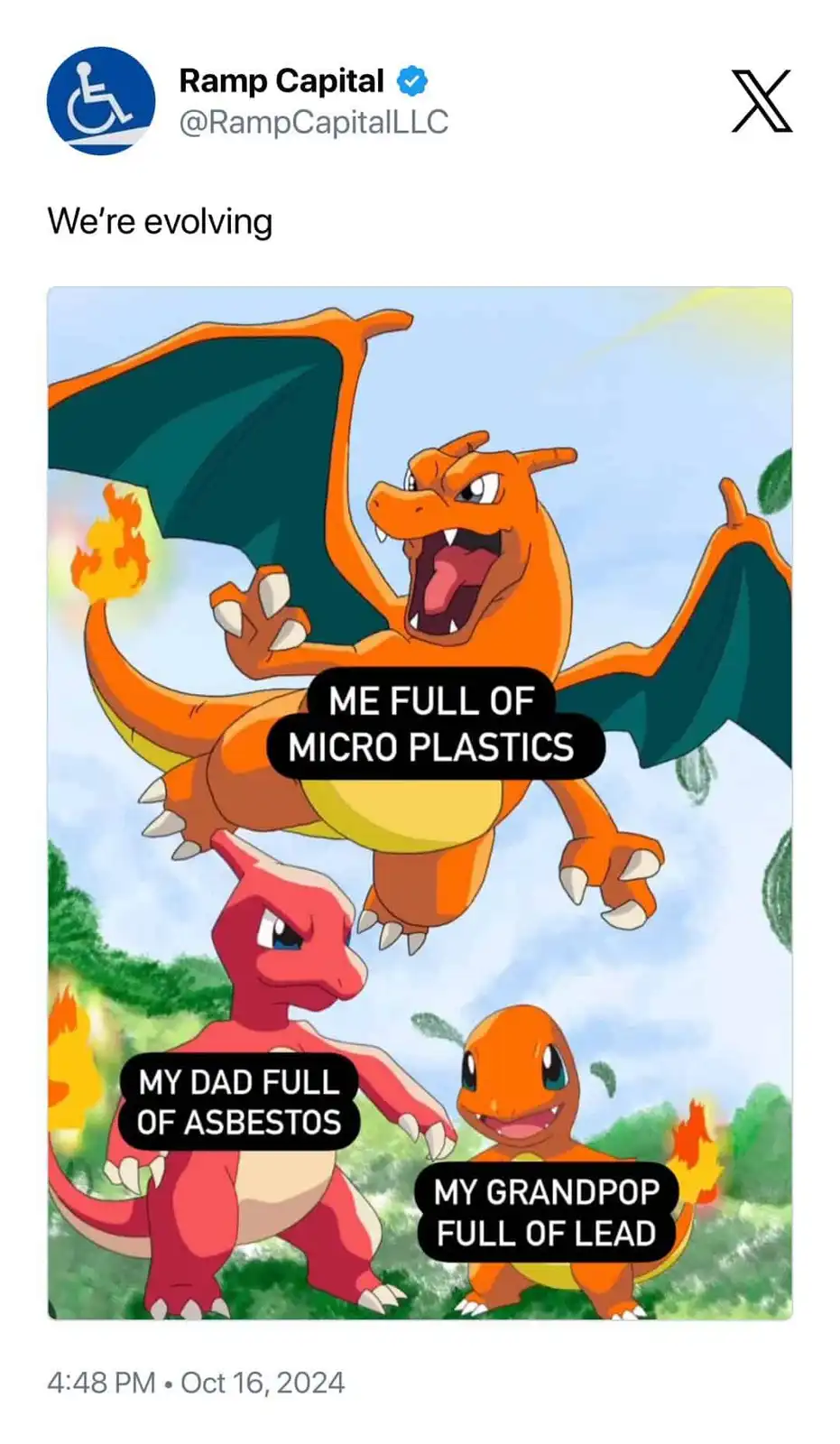 The image shows three Pokémon: a large Charizard in the air labeled 'ME FULL OF MICRO PLASTICS', a red Charizard labeled 'MY…