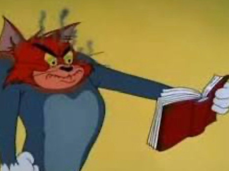 tom from tom and jerry is shown with an angry, frustrated expression, steam coming from his ears, holding a red book open…