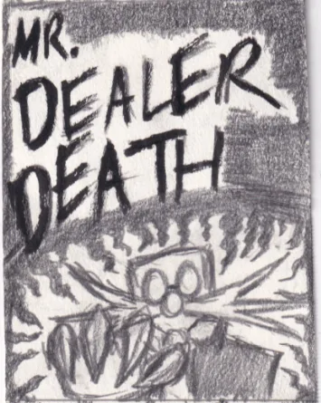 A hand-drawn, black-and-white sketch depicts a cartoonish, skeletal figure with a wide grin and large eyes, wearing a suit…