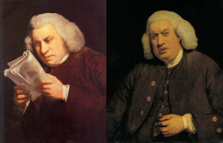 The image is a split-screen of a classical portrait of a man with a powdered wig. On the left, he is shown reading a…