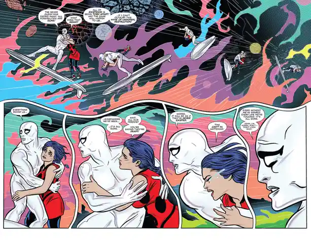 A comic panel shows a white-skinned man and a blue-haired woman on surfboards riding a cosmic wave, with speech bubbles…