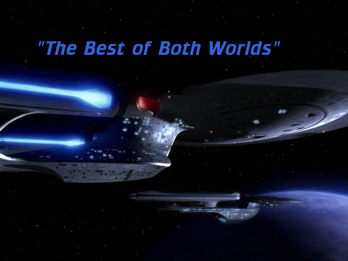 A Star Trek spaceship, likely the Enterprise, is shown in space with blue glowing engines, positioned above a smaller ship…