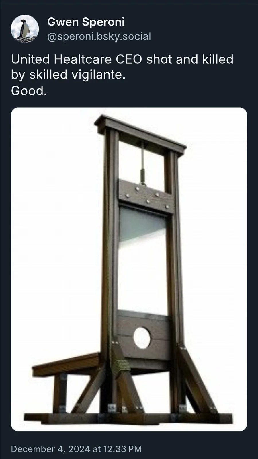 The image displays a wooden guillotine against a plain white background. Overlaid text reads 'United Healthcare CEO shot and…