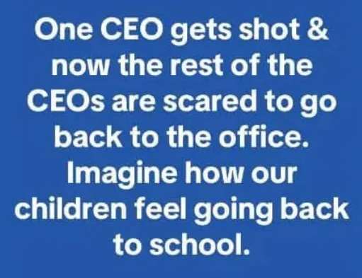 A solid blue background with white sans-serif text in a centered block. The text reads: 'One CEO gets shot & now the rest of…