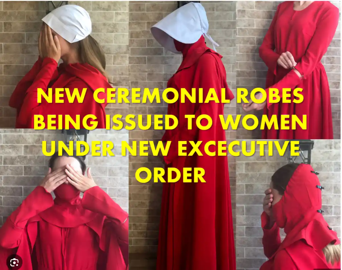 A collage of five images shows a woman in various red robes and white head coverings, some covering her face, against a…
